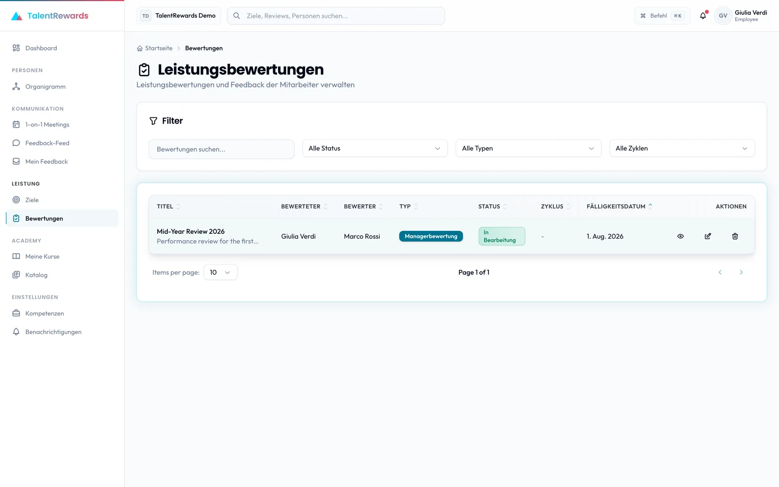 Die eigene Beurteilungsliste eines Mitarbeitenden in TalentRewards