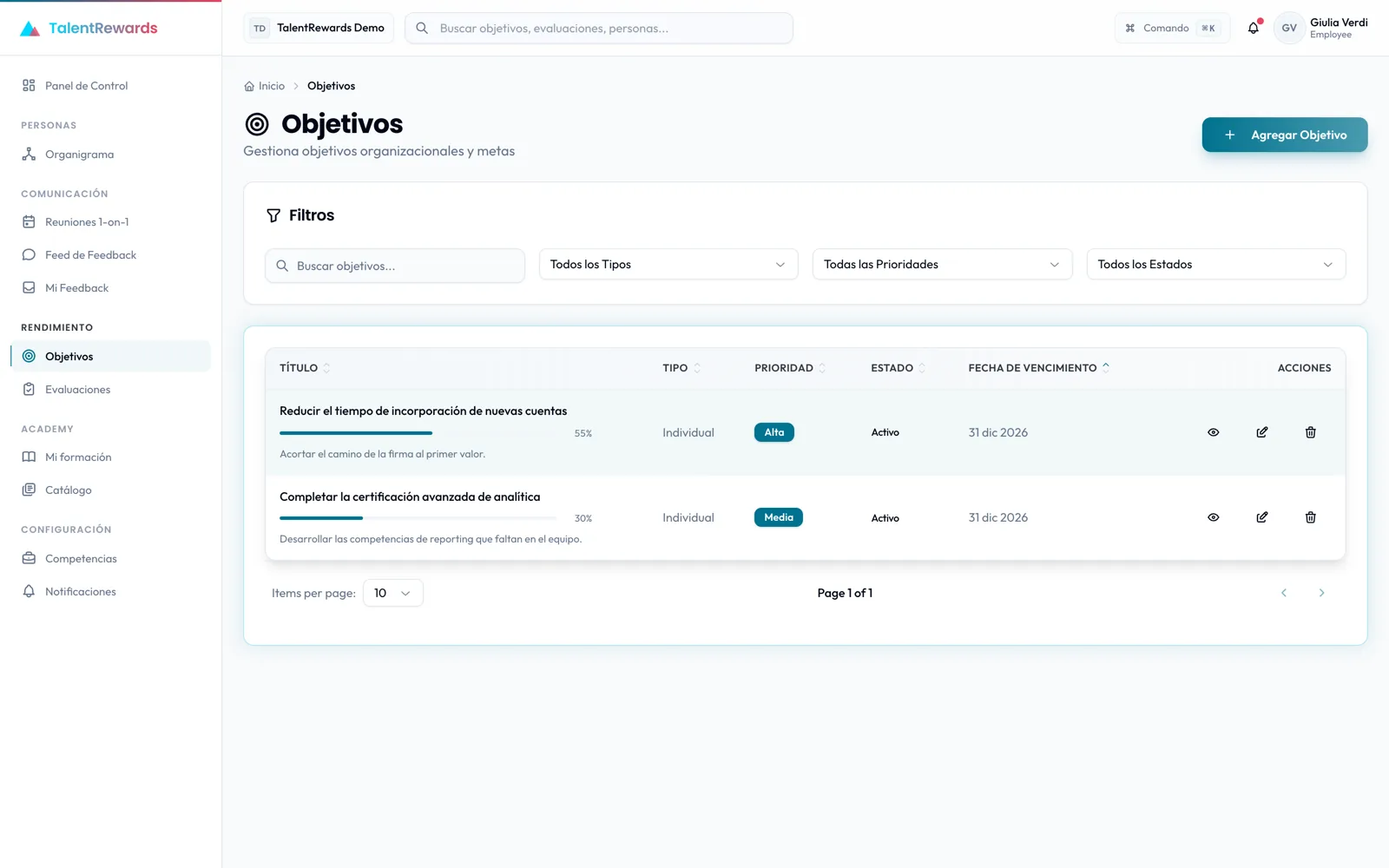 Un objetivo con seguimiento del progreso en TalentRewards