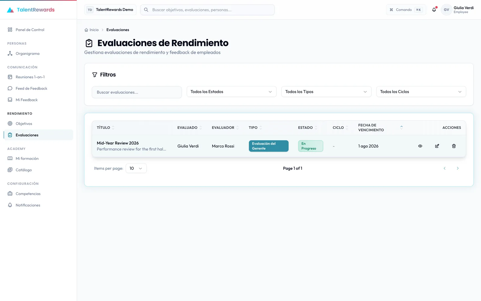 La lista de evaluaciones del propio empleado en TalentRewards