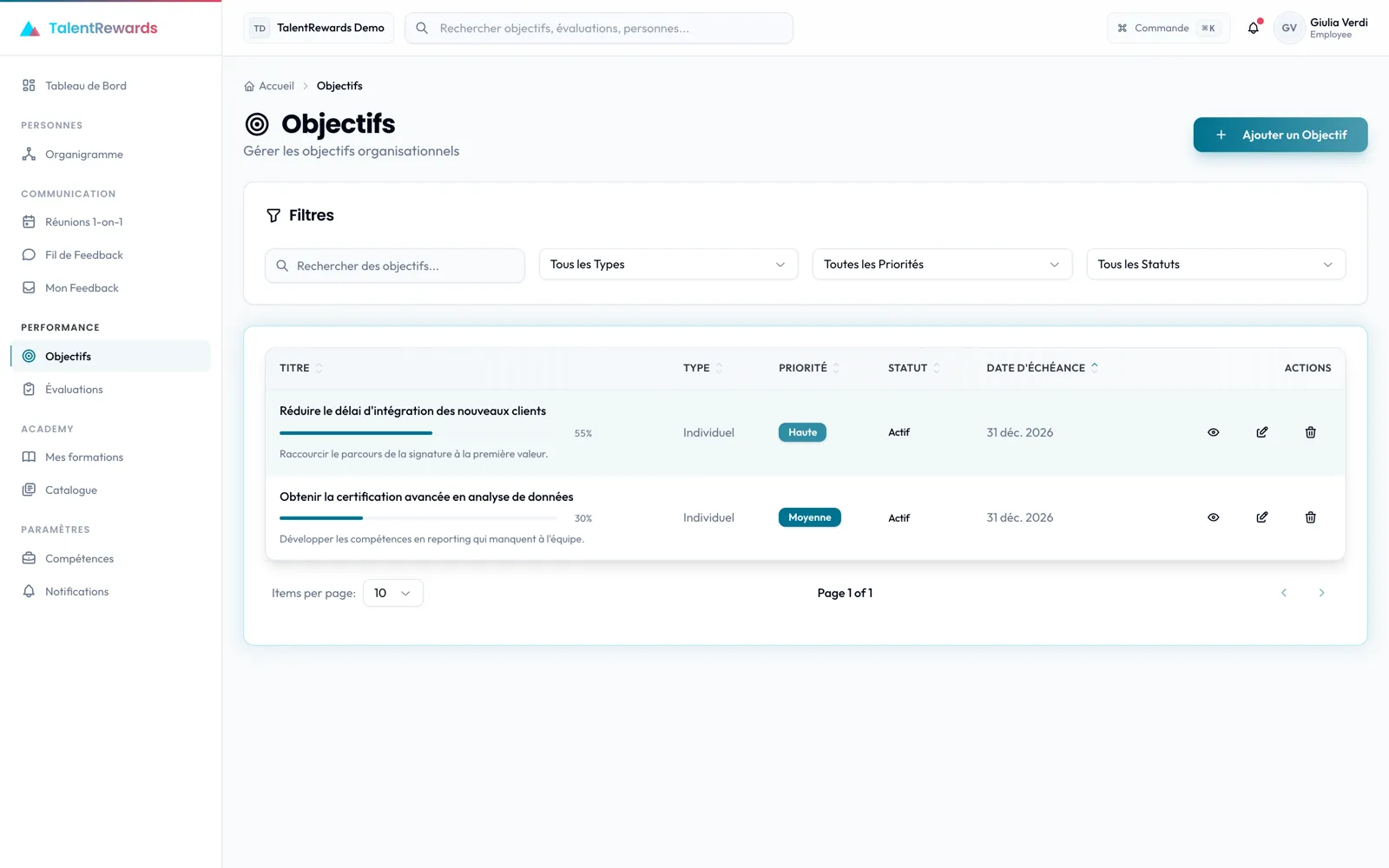 Un objectif avec son suivi de progression dans TalentRewards