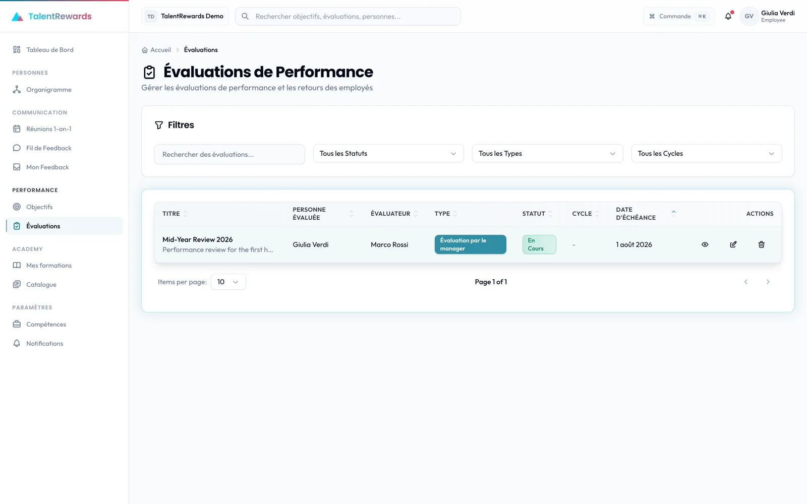 La liste des évaluations d'un collaborateur dans TalentRewards