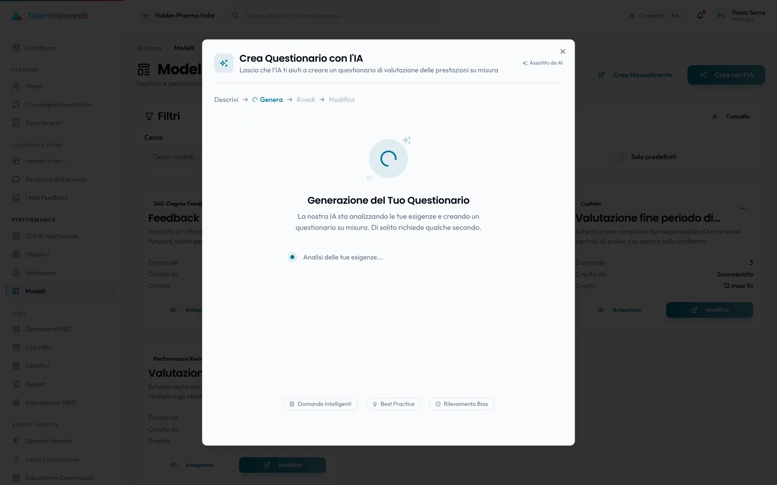 A review questionnaire drafted by the AI Questionnaire Builder in TalentRewards