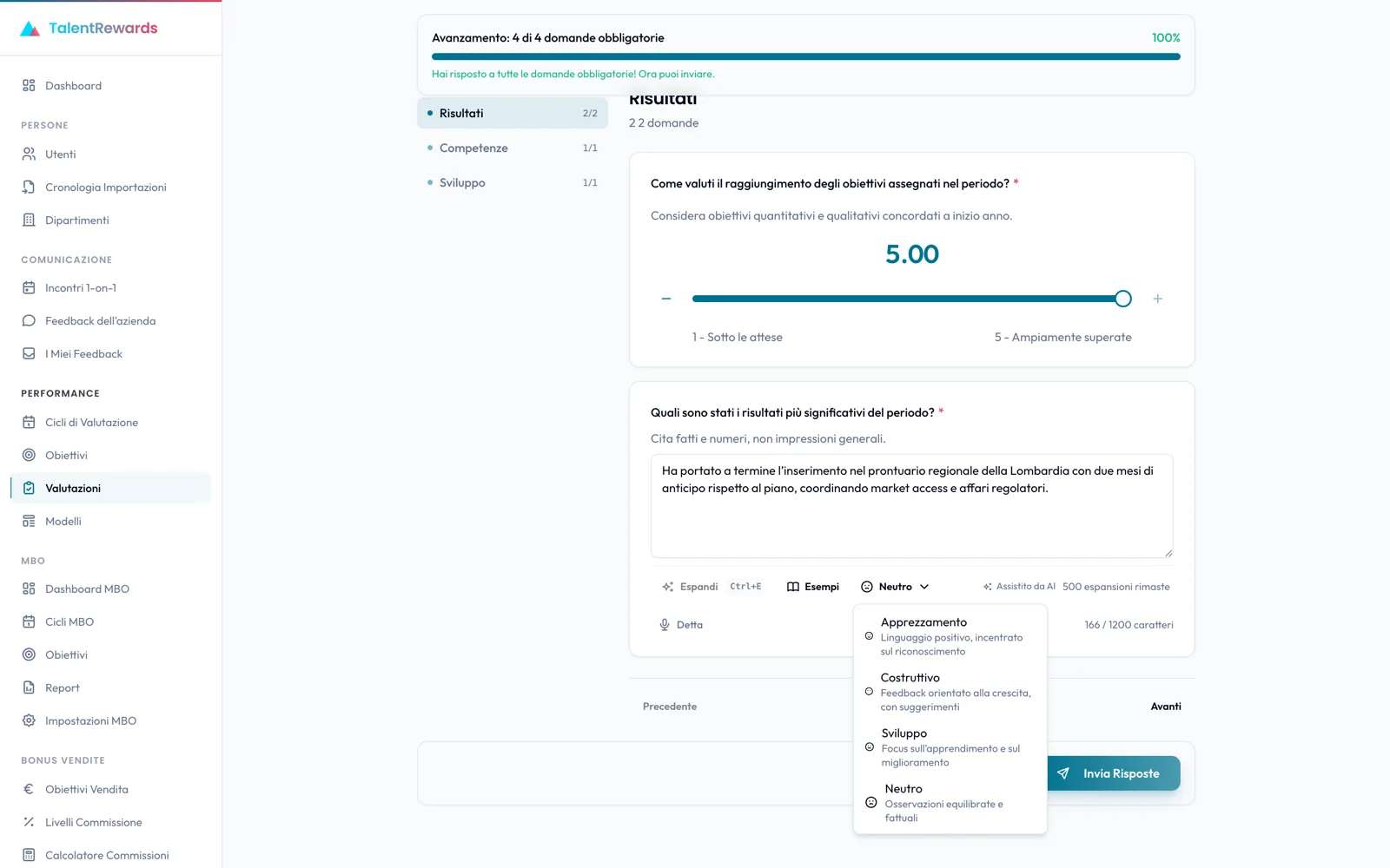 Choosing the tone of an AI-assisted review in TalentRewards, with the AI-assisted disclosure in view