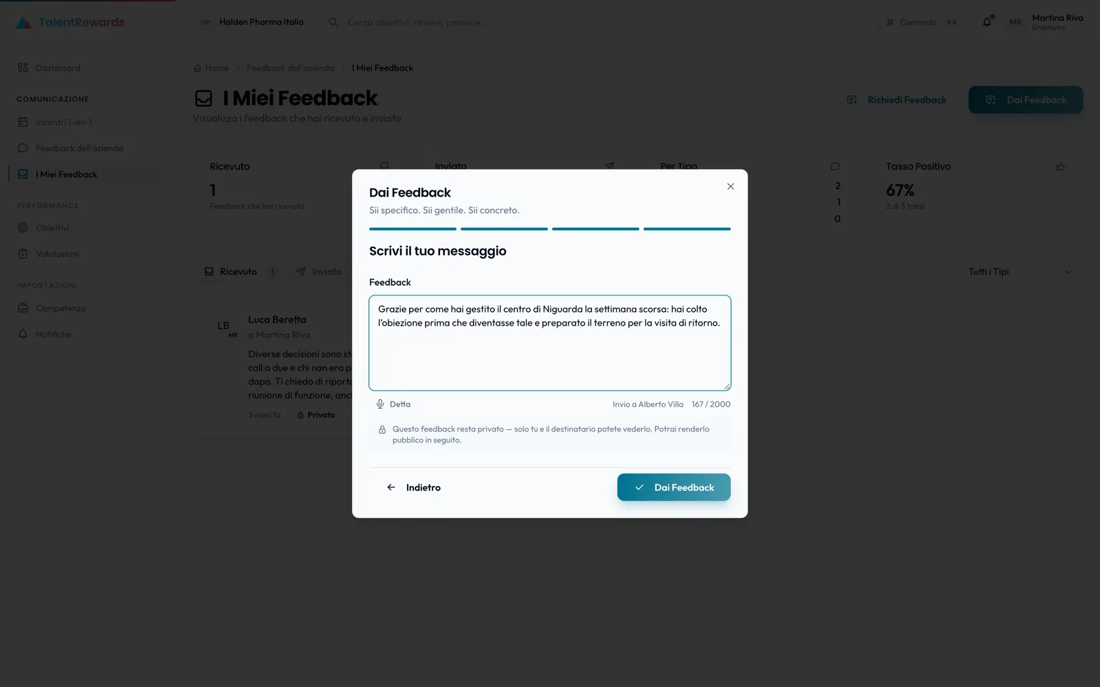 Writing feedback for a colleague in TalentRewards