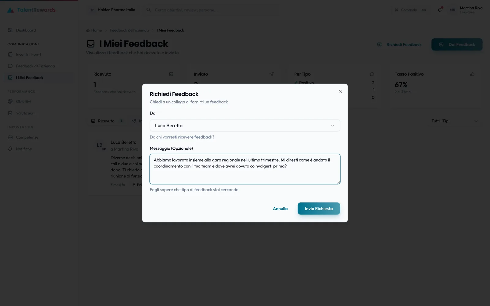 Requesting feedback from a colleague in TalentRewards
