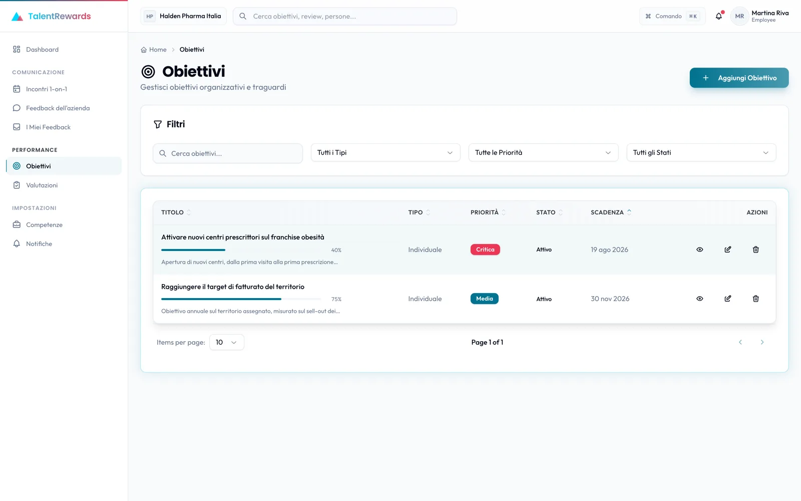 Un singolo obiettivo con tracciamento dei progressi in TalentRewards