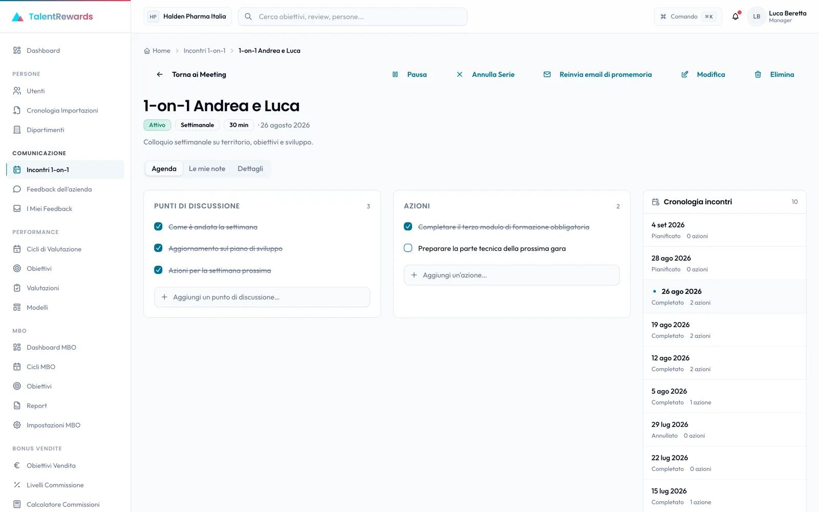 A 1-on-1 in TalentRewards with its shared agenda and action items