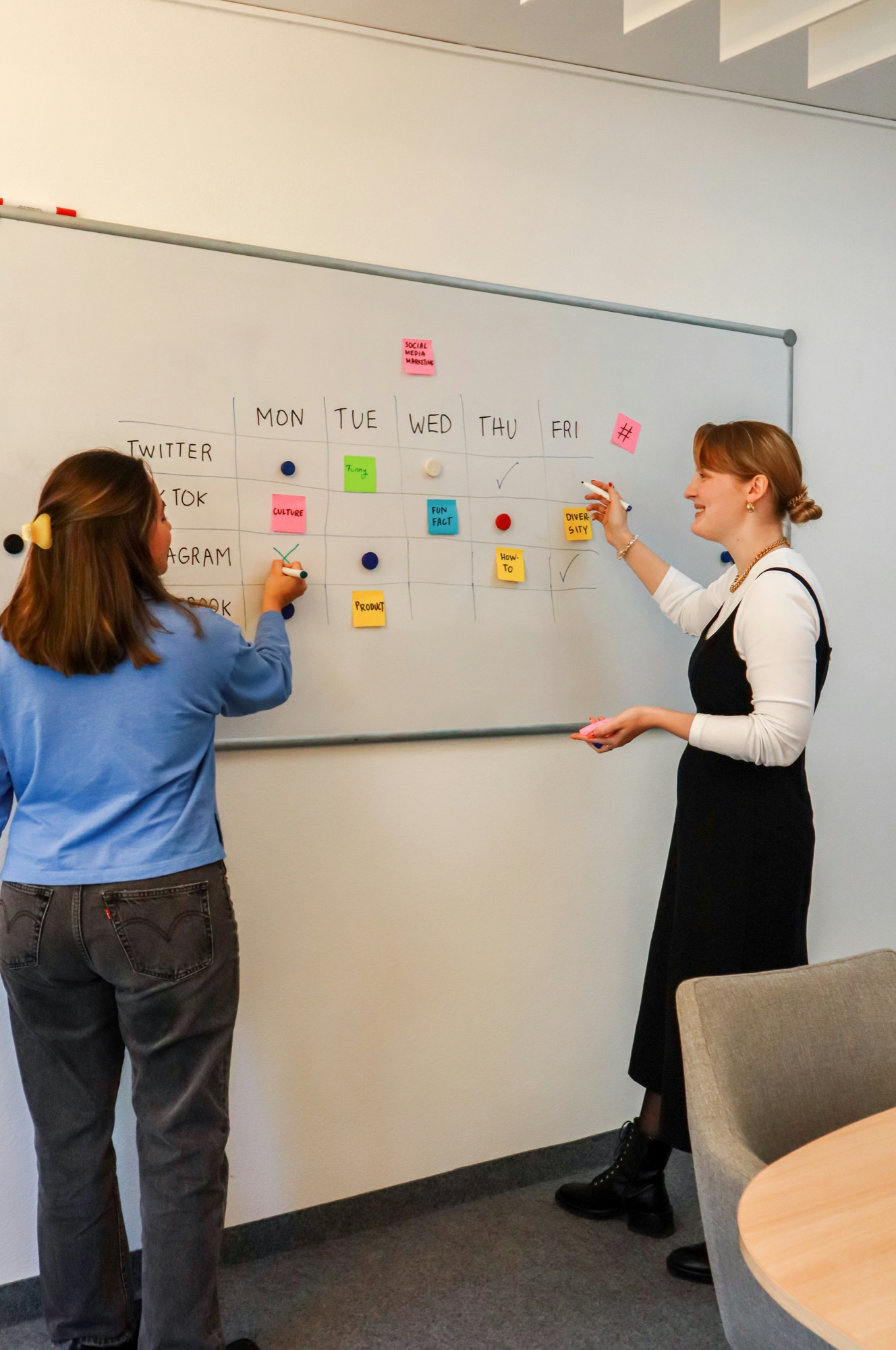 Two colleagues planning at a whiteboard